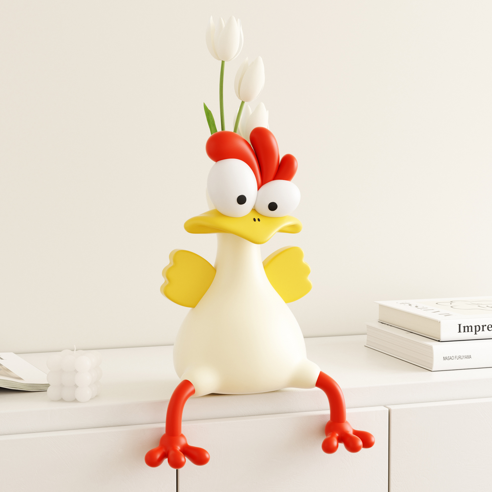 Wide-eyed ceramic chicken vase with dangling legs, ready to cradle your blooms