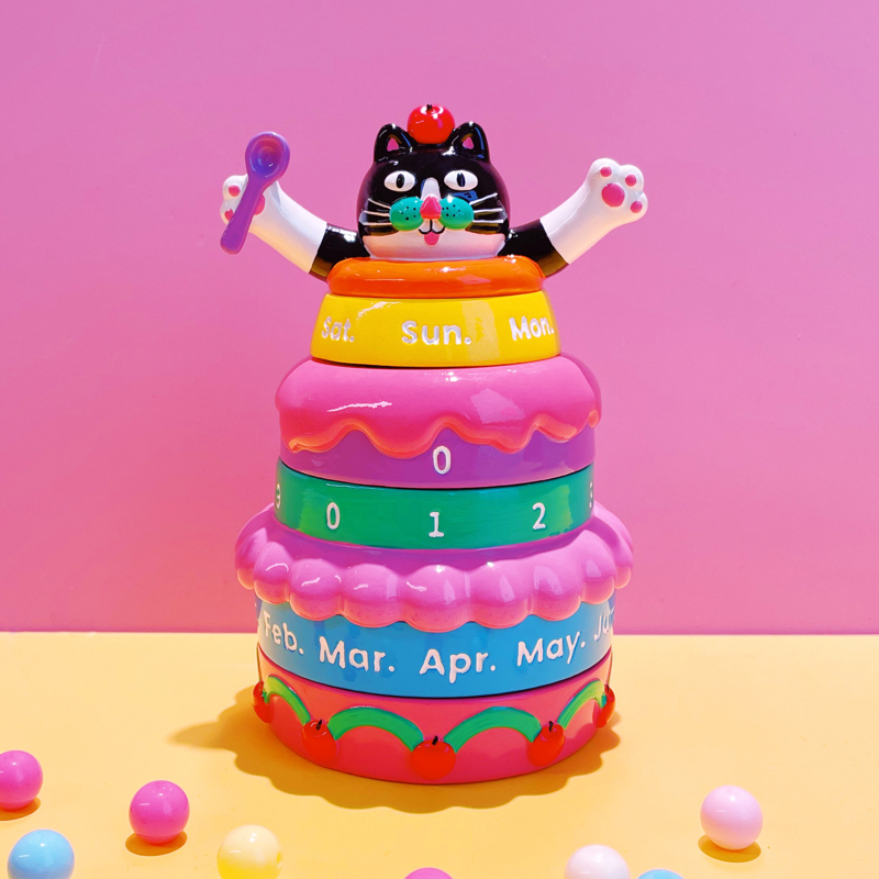 Three-tier pastel perpetual desk calendar with a cat theme