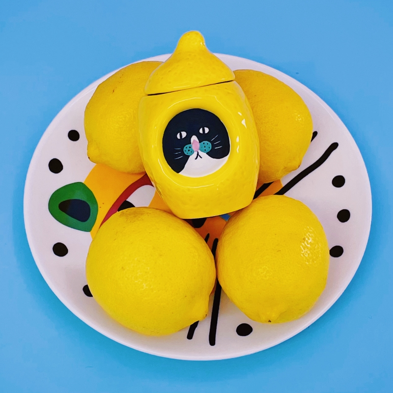 Lemon-shaped ceramic toothpick jar with a deadpan kitty peeking out