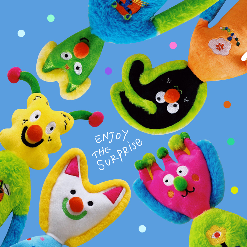 Set of plush character toys with runway limbs and painterly color
