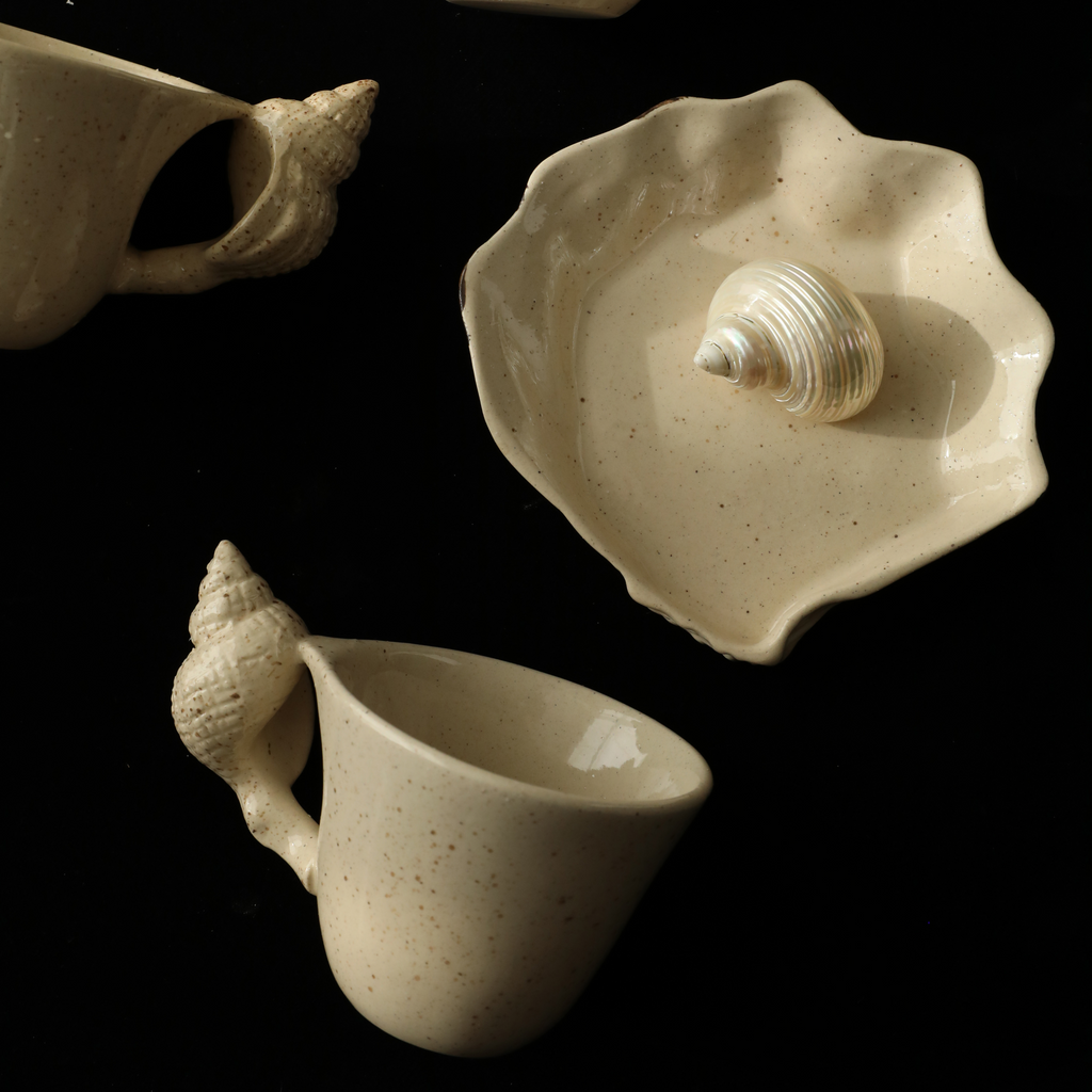 Seaside Shell Handle Ceramic Mug and Saucer