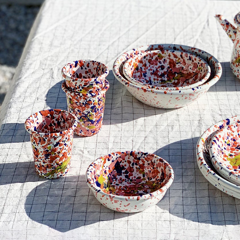 Cheerful paint-splatter enamel tumbler for water, juice or wine outdoors