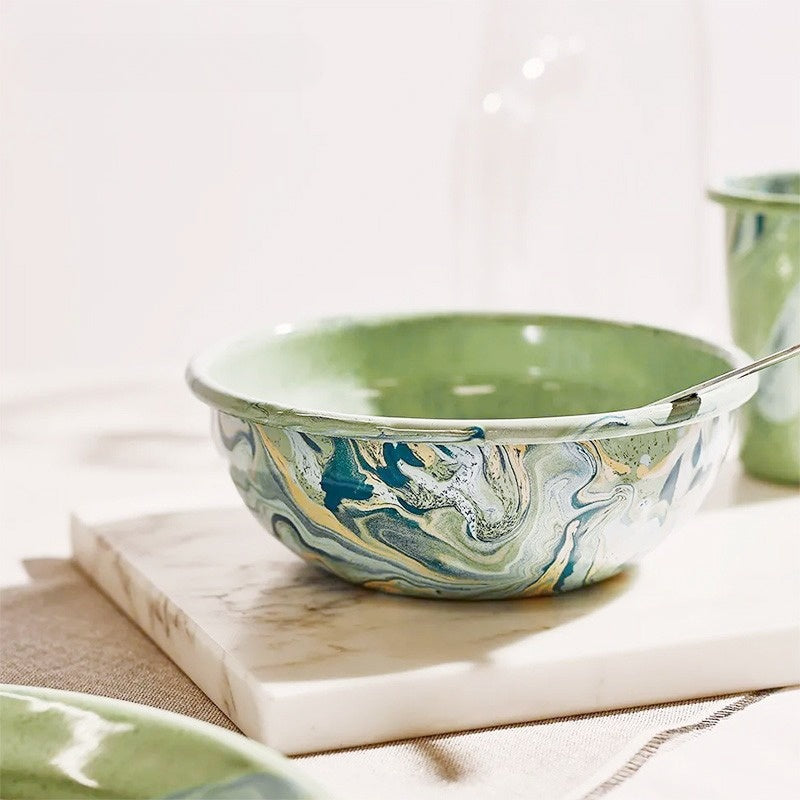 Marbled enamel bowl with swirling, one-of-a-kind color