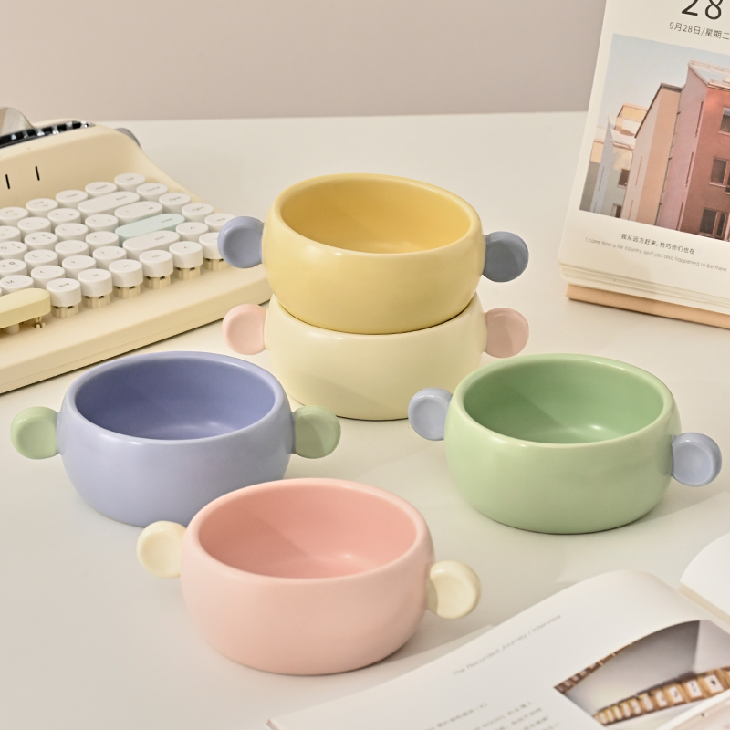 Chubby pastel ceramic serving bowl with double ear handles