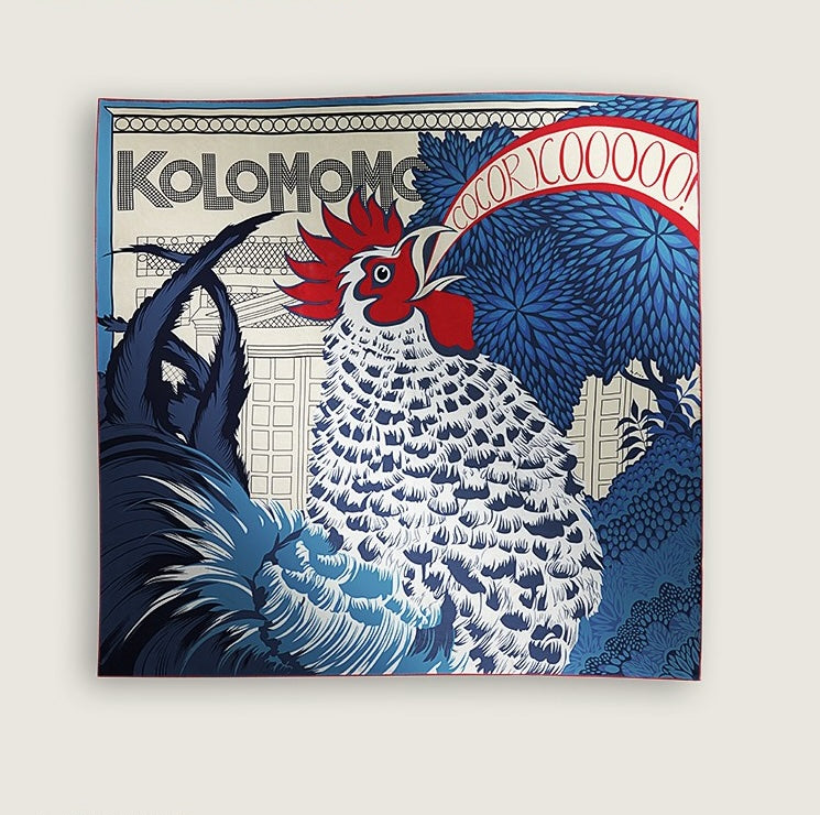 Silk square scarf painted with a rooster's dawn call in crimson, cobalt and ivory