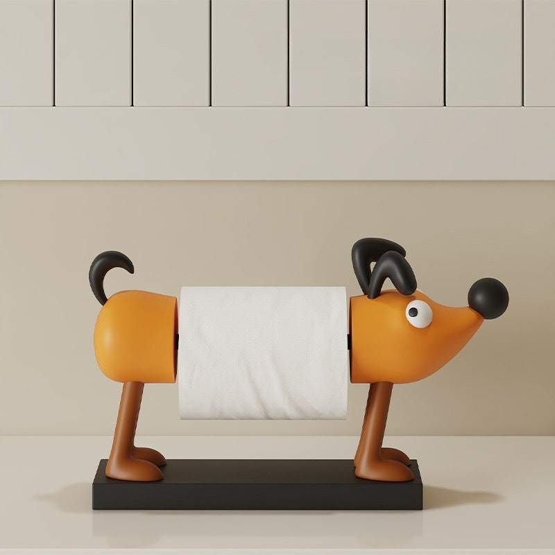 Dog-shaped toilet paper holder with perky ears and loyal paper-holding paws