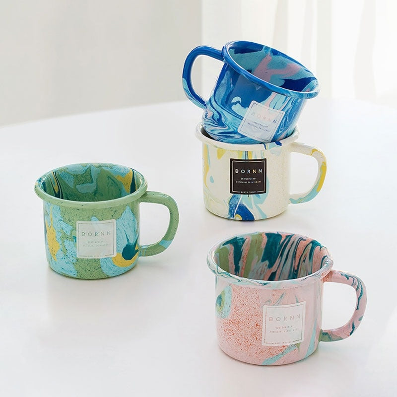 Swirling, marbled enamel mug in dreamy color